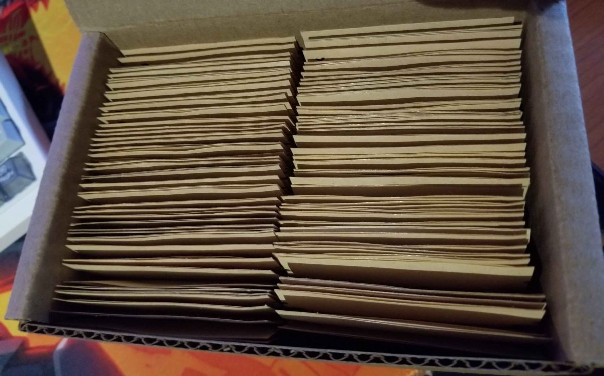 Cardboard box stuffed with brown paper seed packets standing on edge